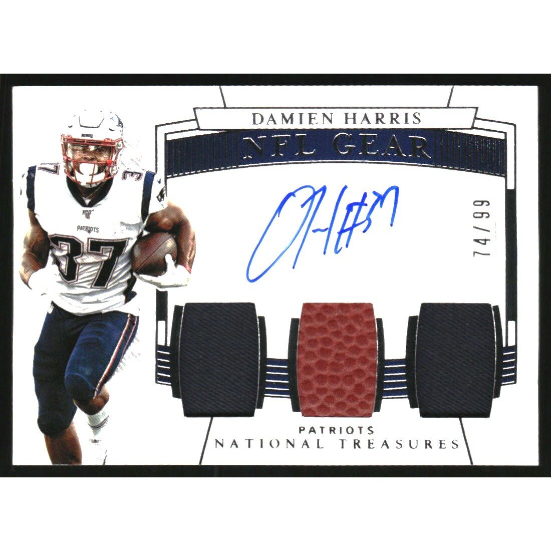 2019 Panini National Treasures Rookie NFL Gear Signature Trios #14 Damien Harris/99. rookie card picture