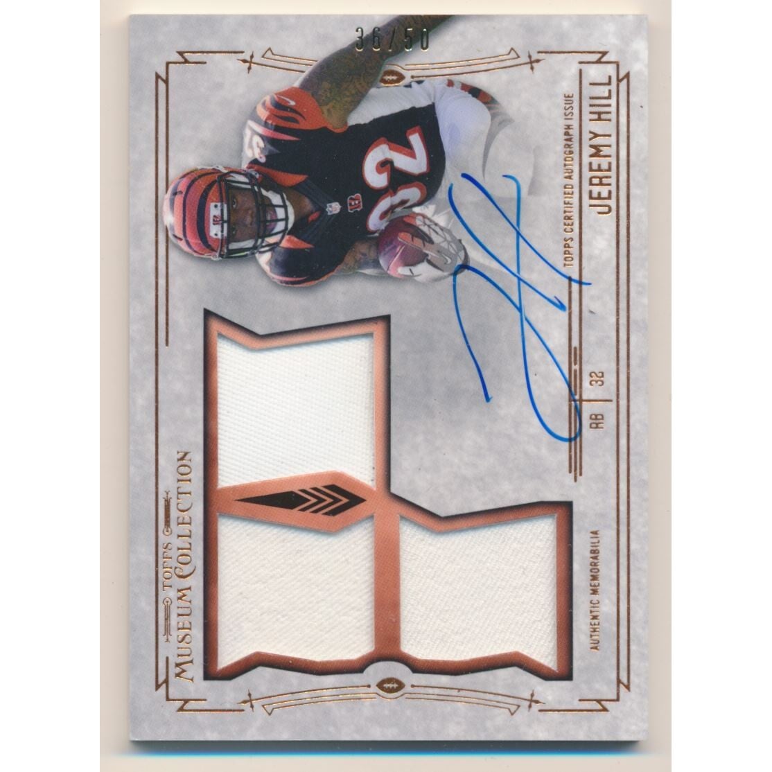 2014 Topps Museum Collection Signatures Swatches Triple Relic Autographs Copper #SSTRAJH Jeremy Hill. rookie card picture