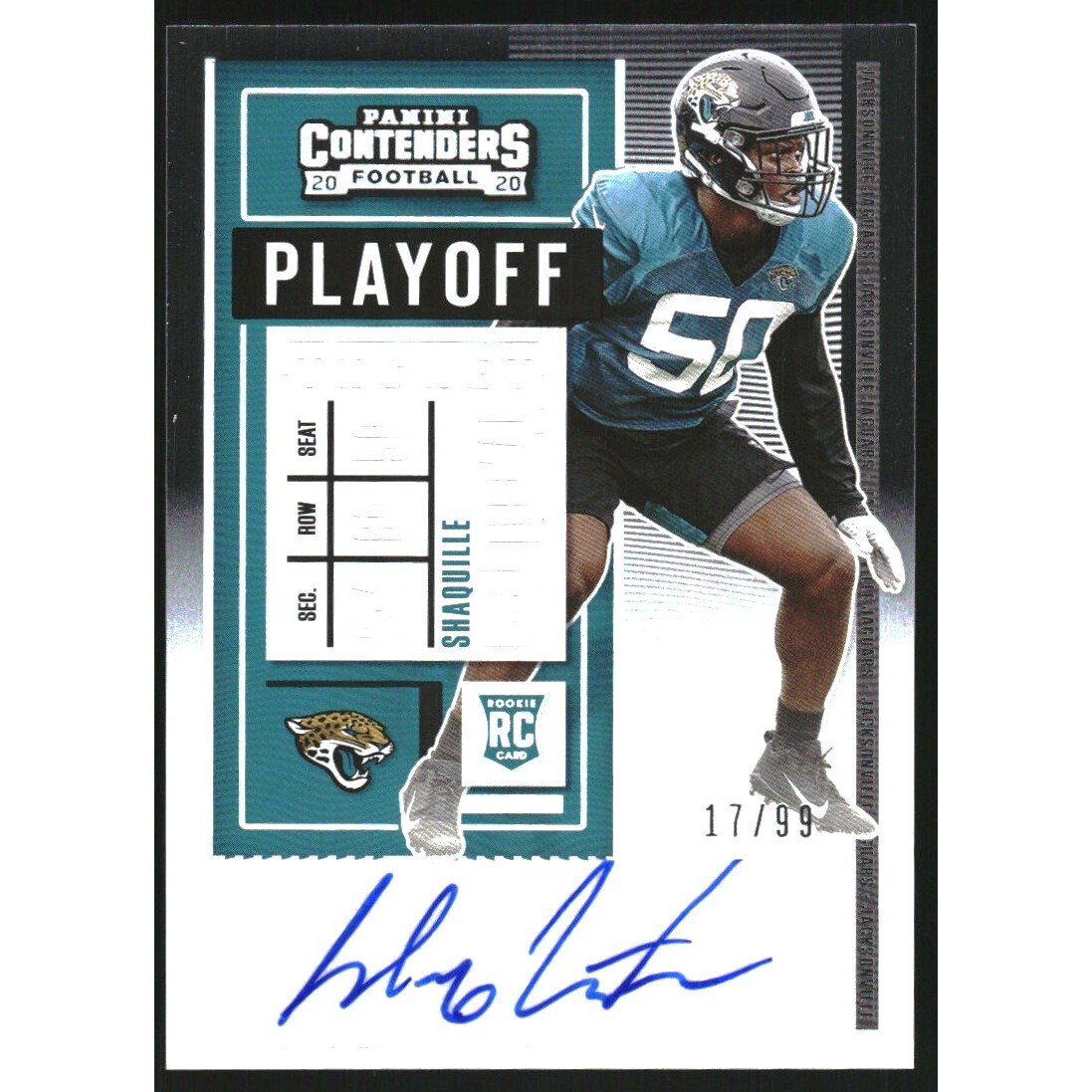 2020 Panini Contenders Playoff Ticket #256A Shaquille Quarterman AU/99. rookie card picture