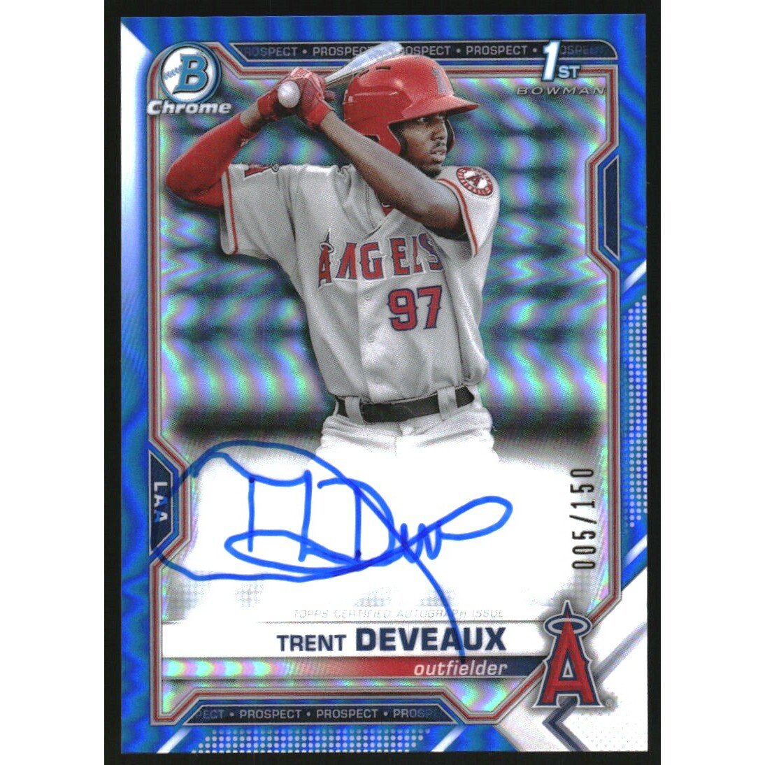 2021 Bowman Chrome Prospect Autographs Blue Refractors #CPATD Trent Deveaux. rookie card picture