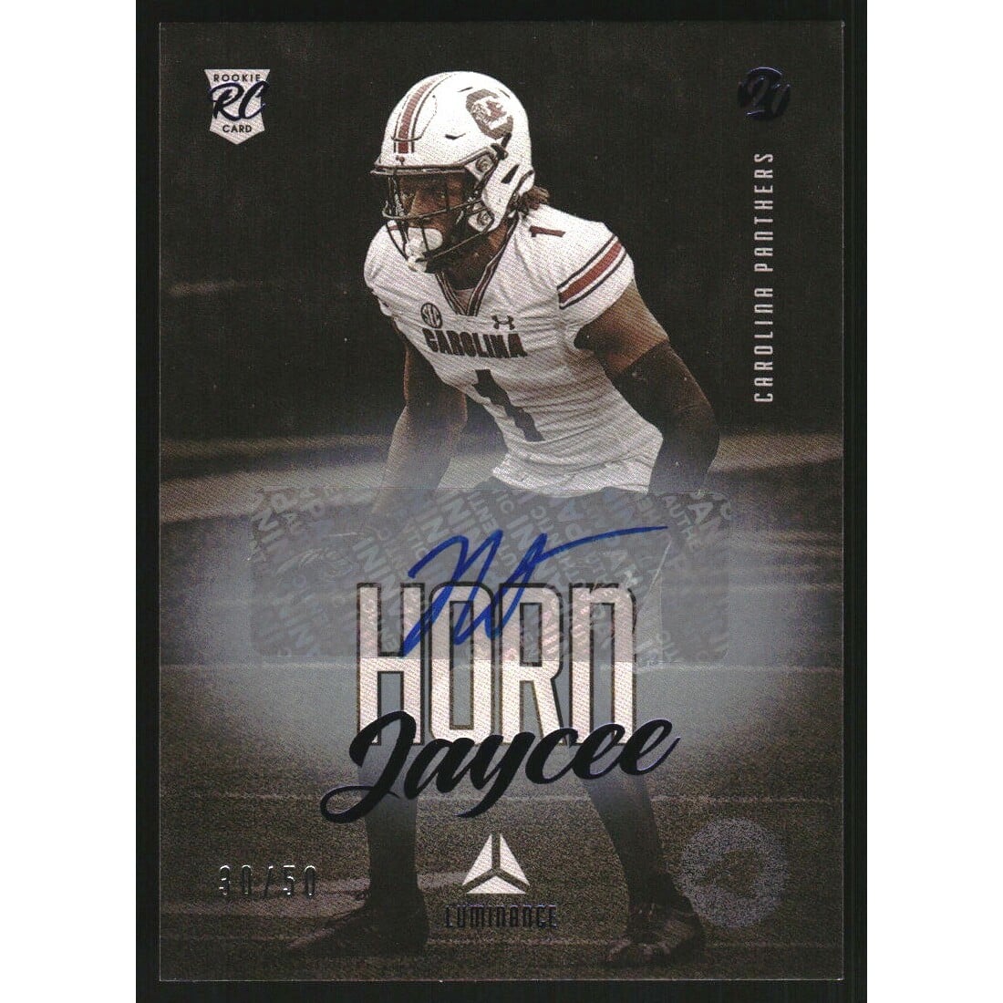 2021 Panini Luminance Autographs Blue #193 Jaycee Horn/50. rookie card picture