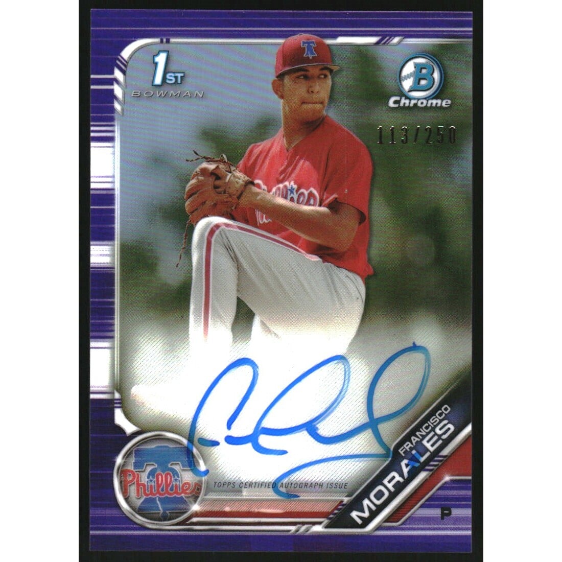 2019 Bowman Chrome Prospect Autographs Purple Refractors #CPAFM Francisco Morales. rookie card picture