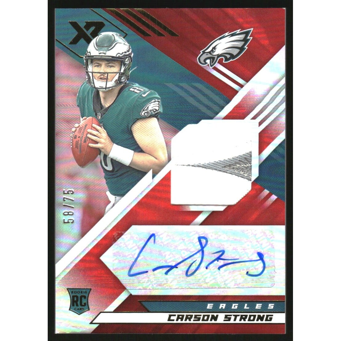 2022 Panini XR Rookie Swatch Autographs Red #11 Carson Strong/75. rookie card picture
