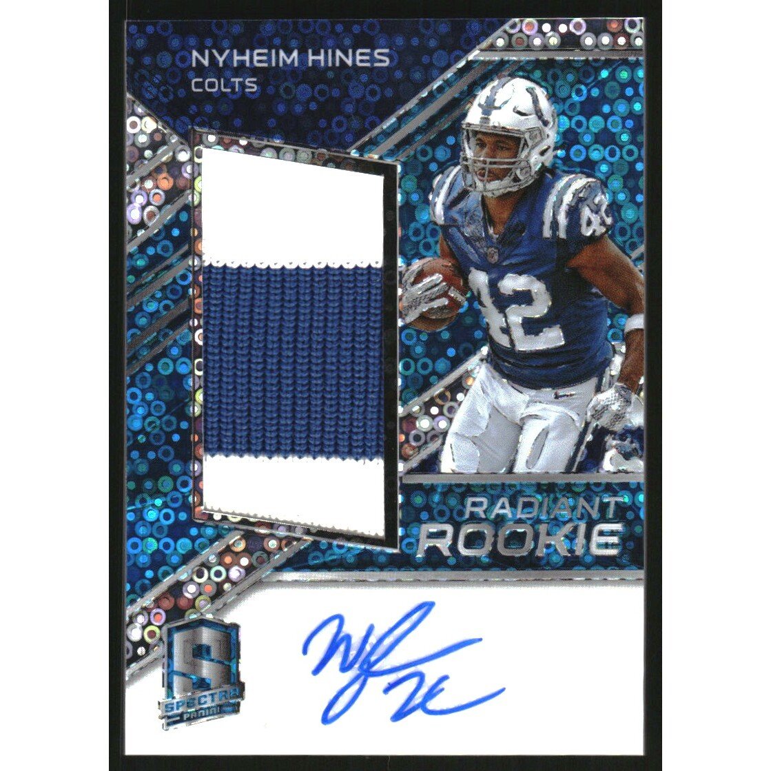 2018 Panini Spectra Radiant Rookie Patch Signatures Neon Blue #12 Nyheim Hines/99. rookie card picture