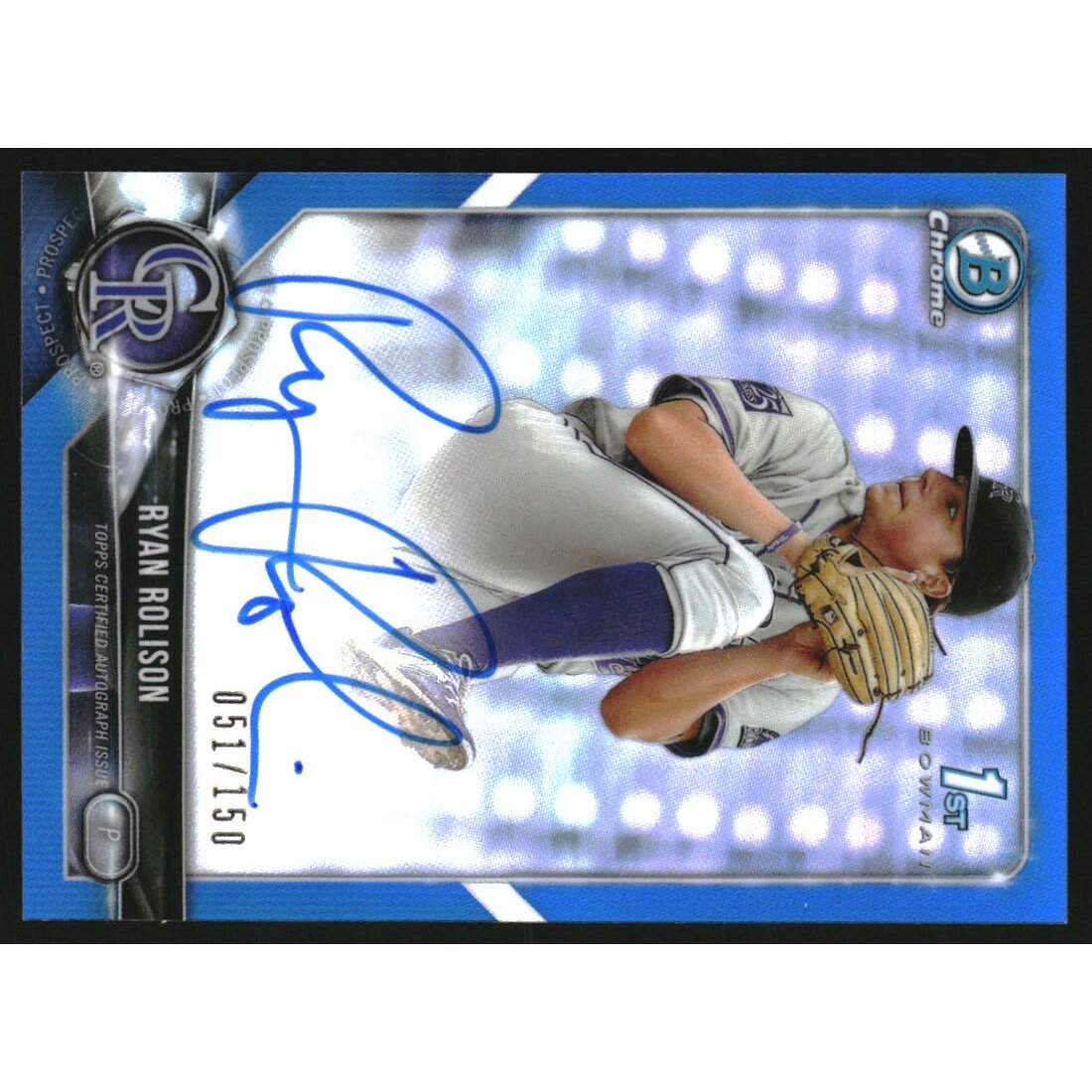 2018 Bowman Chrome Draft Autographs Blue Refractors #CDARR Ryan Rolison/150. rookie card picture