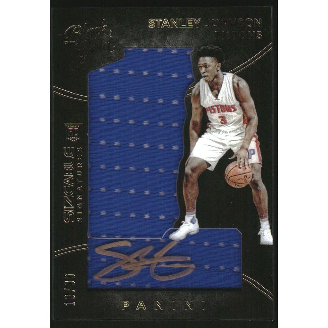 2015-16 Panini Black Gold Sizeable Signatures Jerseys #RSSSJ Stanley Johnson. rookie card picture