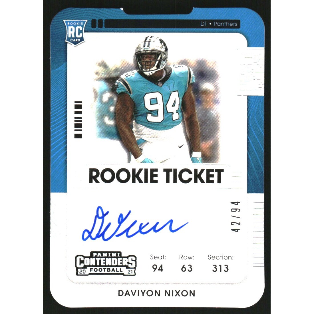 2021 Panini Contenders Rookie Ticket Stub #217 Daviyon Nixon AU/94. rookie card picture