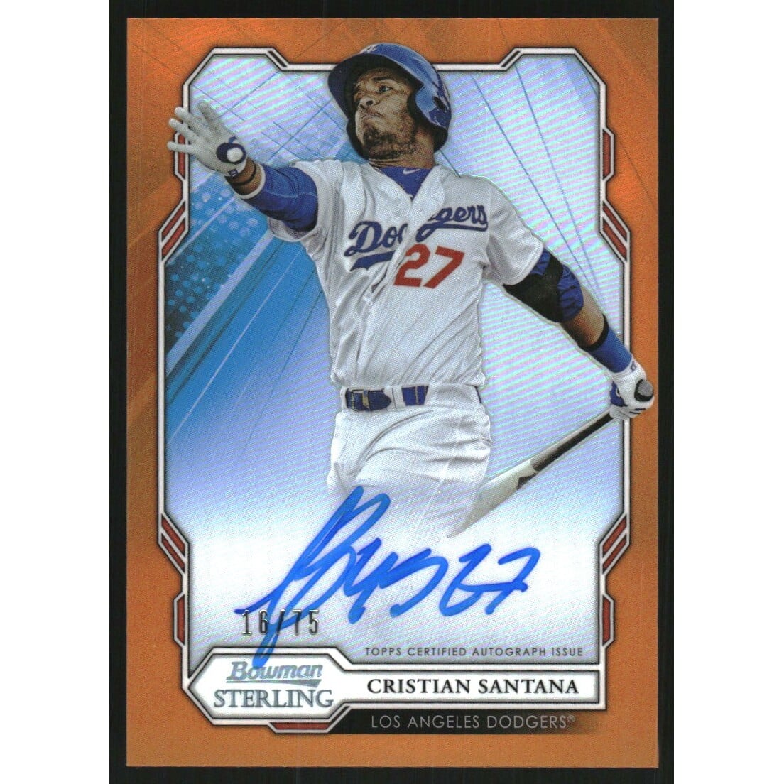 2019 Bowman Sterling Prospect Autographs Orange Refractors #BSPACSA Cristian Santana. rookie card picture