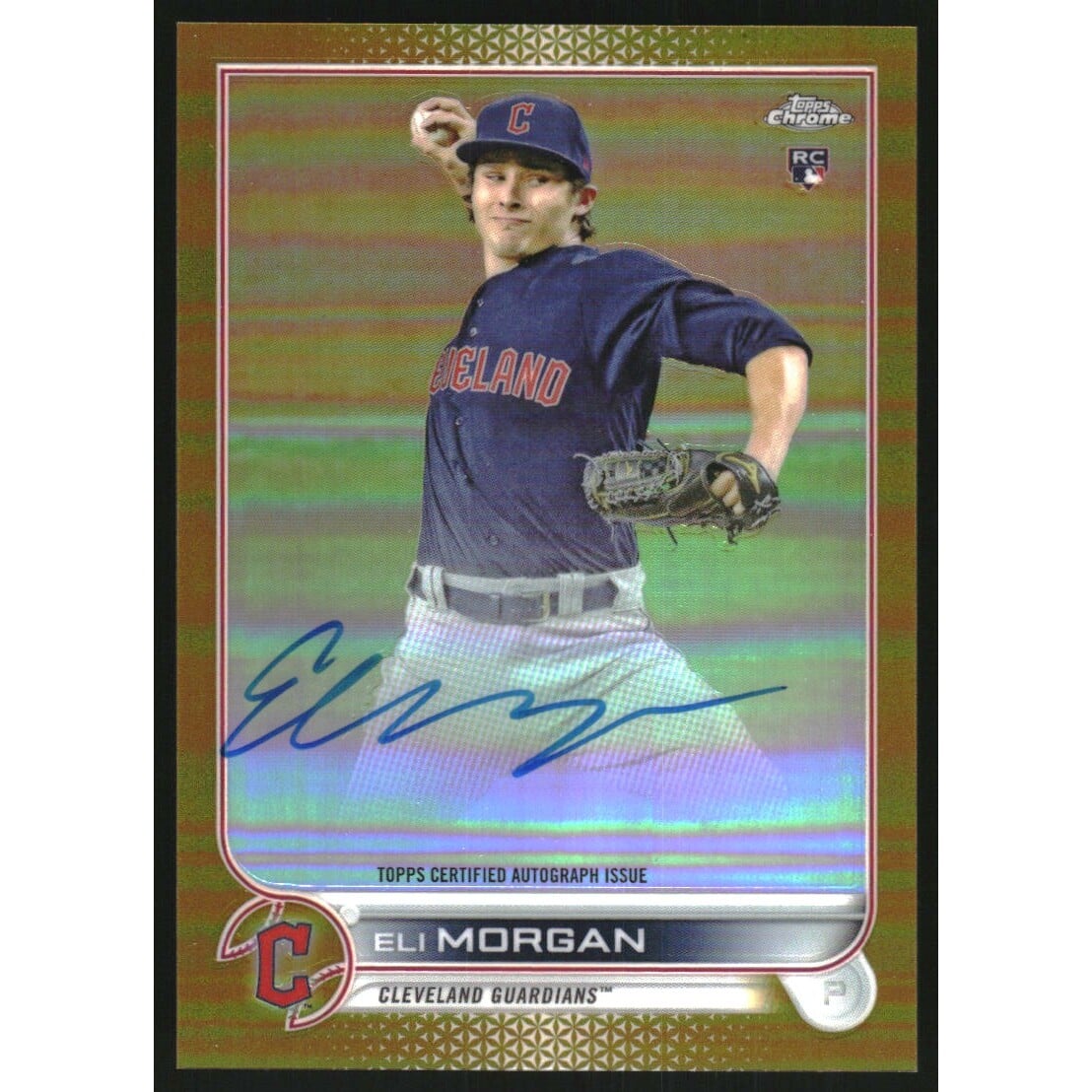 2022 Topps Chrome Rookie Autographs Gold Refractors #RAEM Eli Morgan. rookie card picture