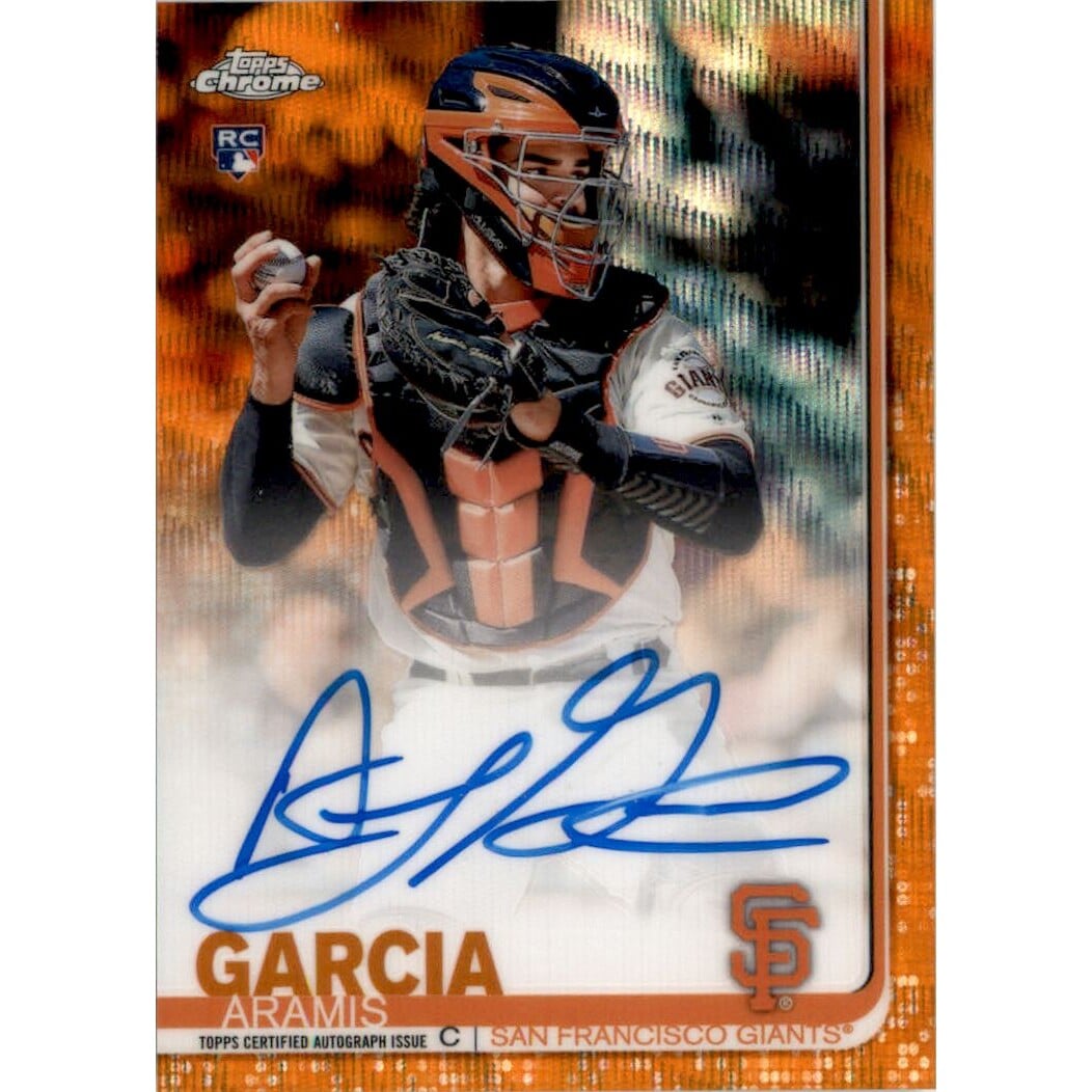2019 Topps Chrome Rookie Autographs Orange Wave Refractors #RAAGA Aramis Garcia. rookie card picture