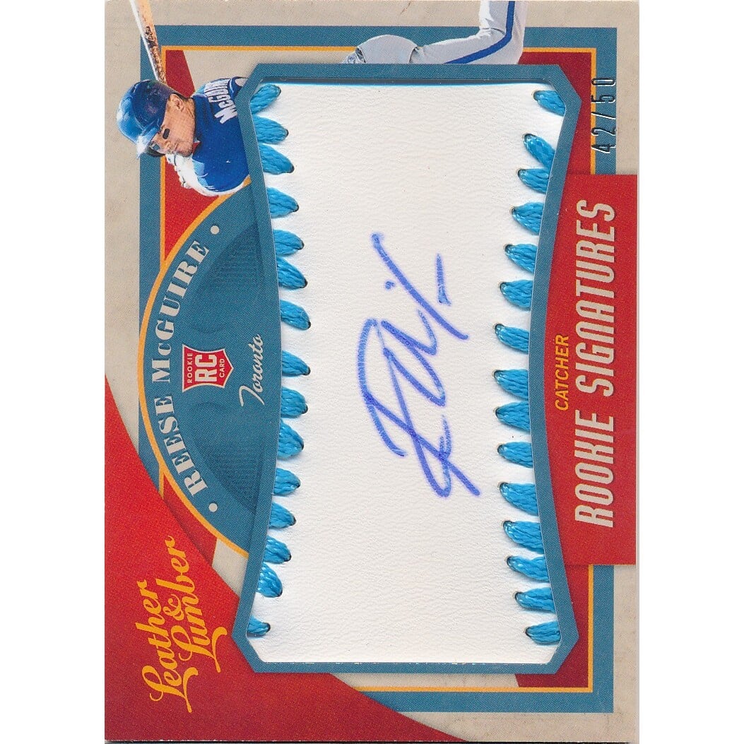 2019 Panini Leather and Lumber Rookie Baseball Signatures Light Blue #150 Reese McGuire/50. rookie card picture