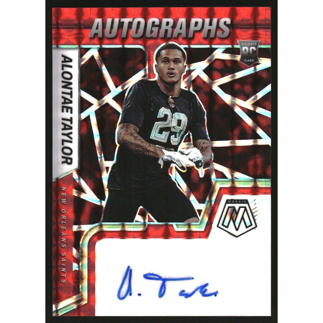2022 Panini Mosaic Rookie Autographs Mosaic Red #91 Alontae Taylor. rookie card picture