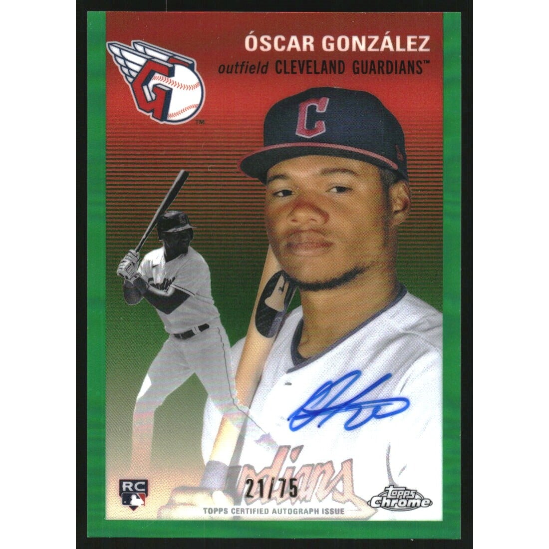 2023 Topps Chrome Platinum Anniversary Autographs Green Refractors #CPAOG Oscar Gonzalez. rookie card picture