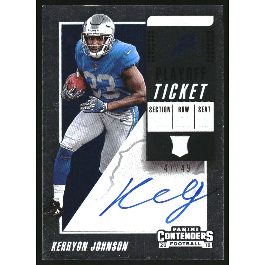 2018 Panini Contenders Playoff Ticket #117B Kerryon Johnson AU/49 SP EXCH. rookie card picture