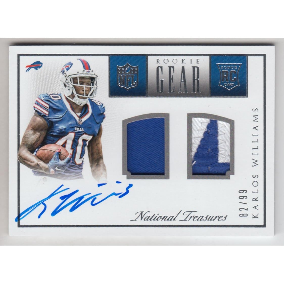 2015 Panini National Treasures Rookie NFL Gear Dual Materials Signatures #37 Karlos Williams/99. rookie card picture