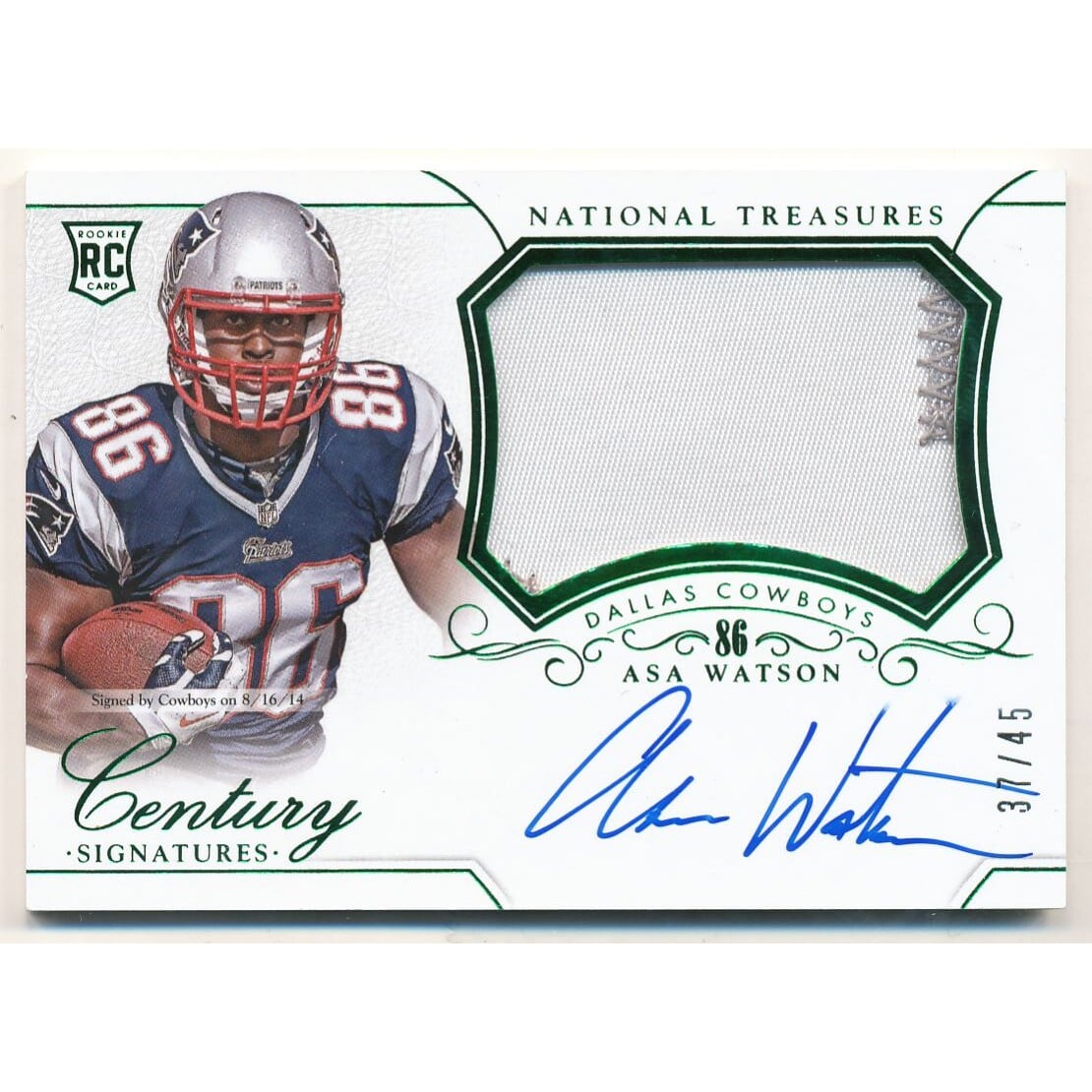 2014 Panini National Treasures Century Numbers #307 Asa Watson JSY AU/45. rookie card picture