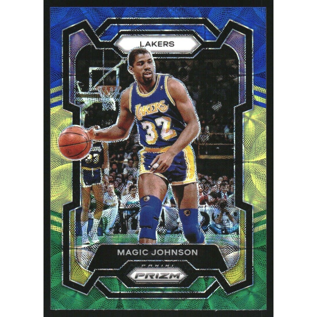 2023-24 Panini Prizm Prizms Choice Blue Yellow and Green #185 Magic Johnson. rookie card picture