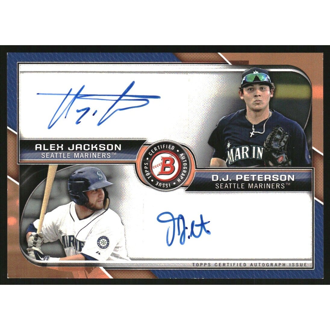 2015 Bowman Dual Autographs #BDAJP Alex Jackson/D.J. Peterson. rookie card picture