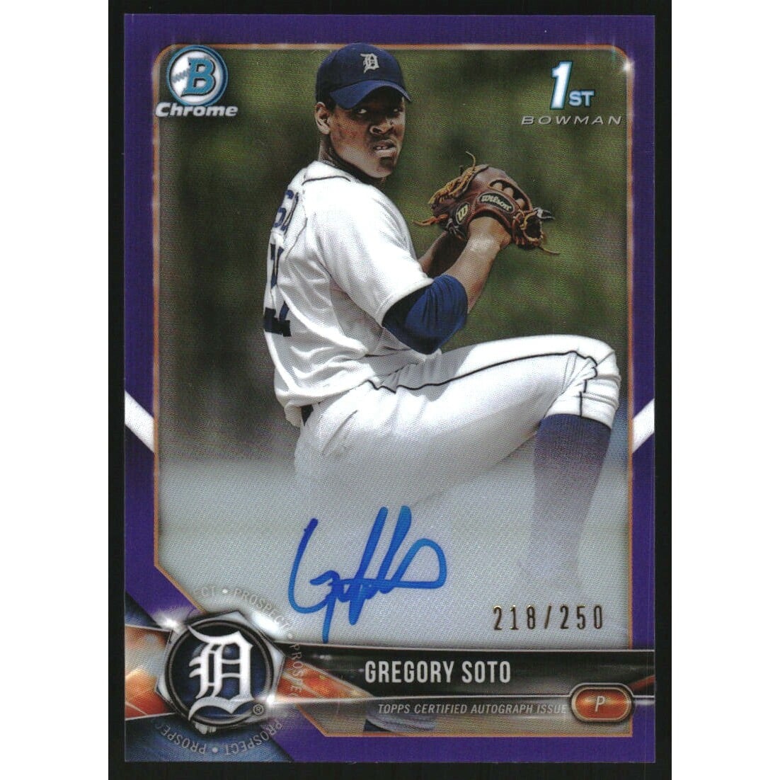 2018 Bowman Chrome Prospect Autographs Purple Refractors #BCPAGSO Gregory Soto. rookie card picture