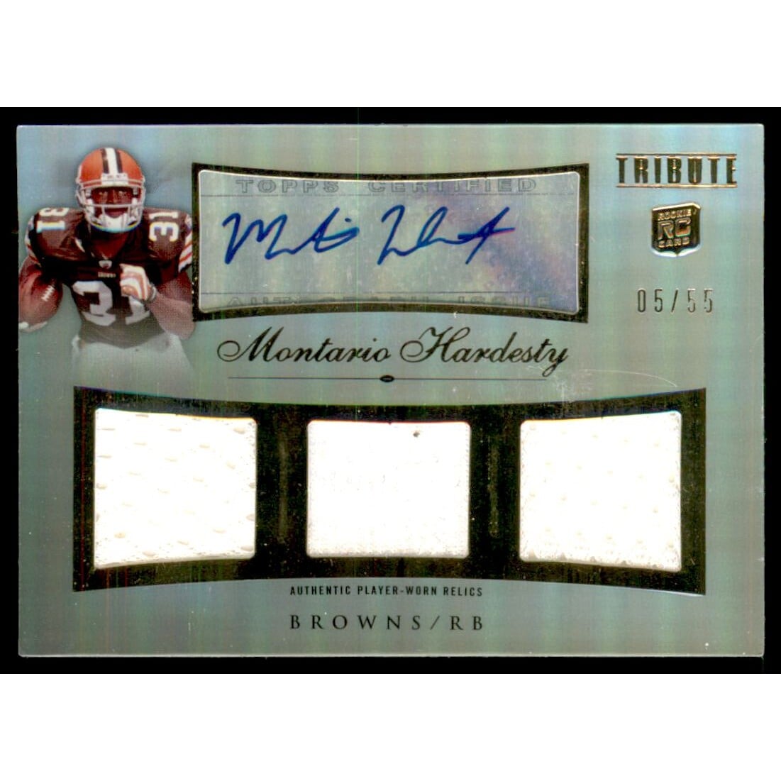 2010 Topps Tribute Autographed Triple Relics #ATRMHA Montario Hardesty/55. rookie card picture