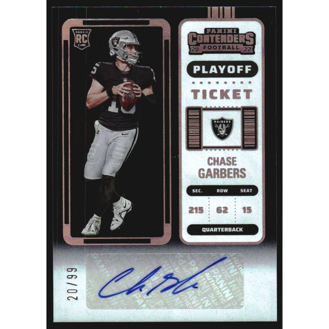 2022 Panini Contenders Playoff Ticket #291 Chase Garbers AU. rookie card picture