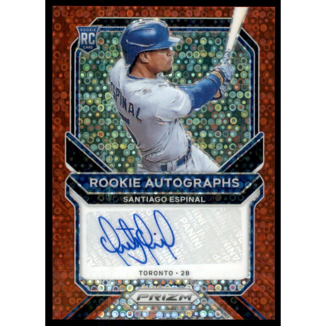 2021 Panini Prizm Rookie Autographs Prizms Red Donut Circles #87 Santiago Espinal/49. rookie card picture