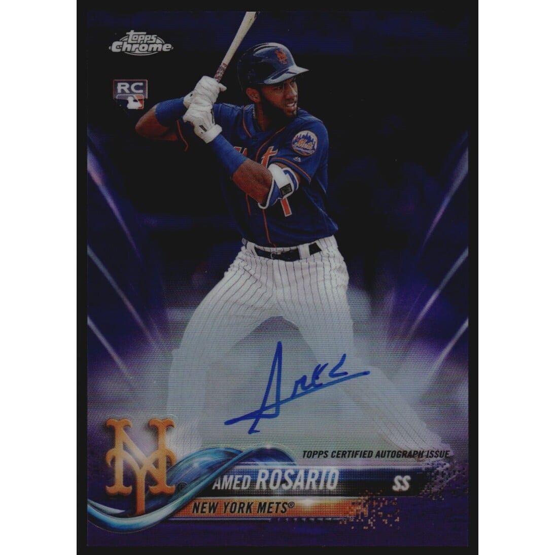 2018 Topps Chrome Rookie Autographs Purple Refractors #RAAR Amed Rosario. rookie card picture