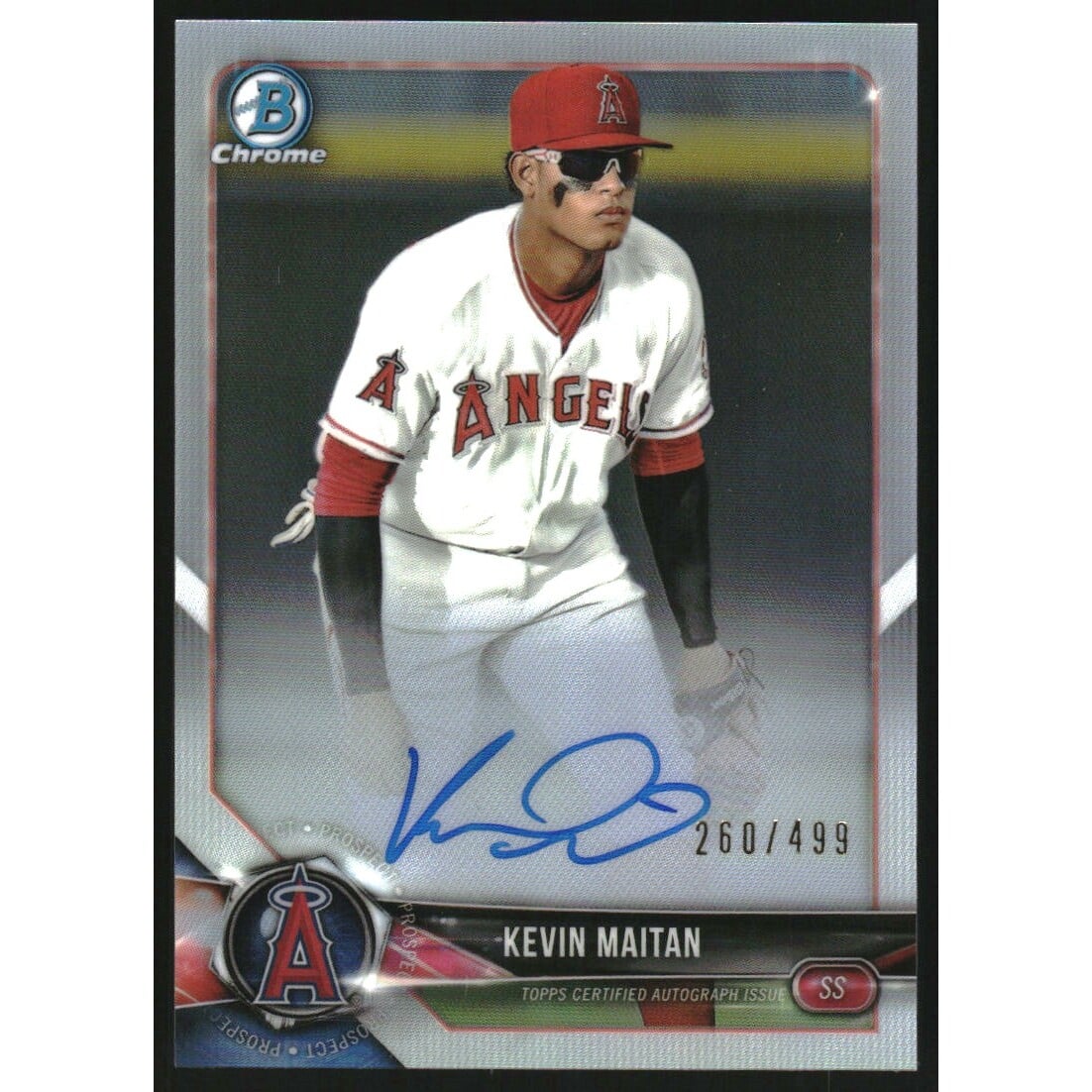2018 Bowman Chrome Prospect Autographs Refractors #BCPAKM Kevin Maitan. rookie card picture