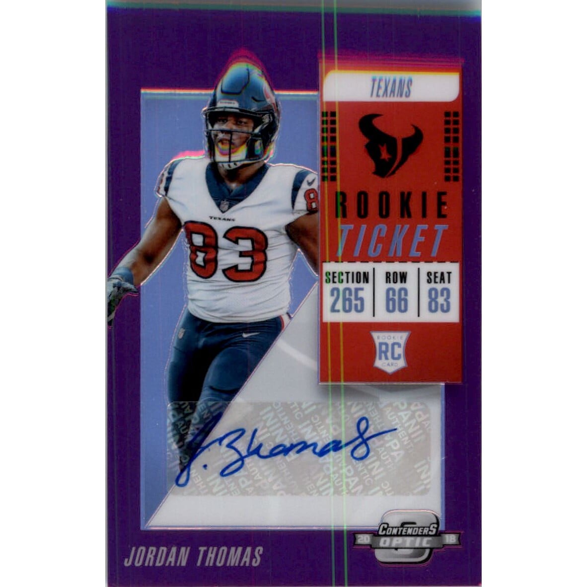 2018 Panini Contenders Optic Purple #142 Jordan Thomas AU/99. rookie card picture