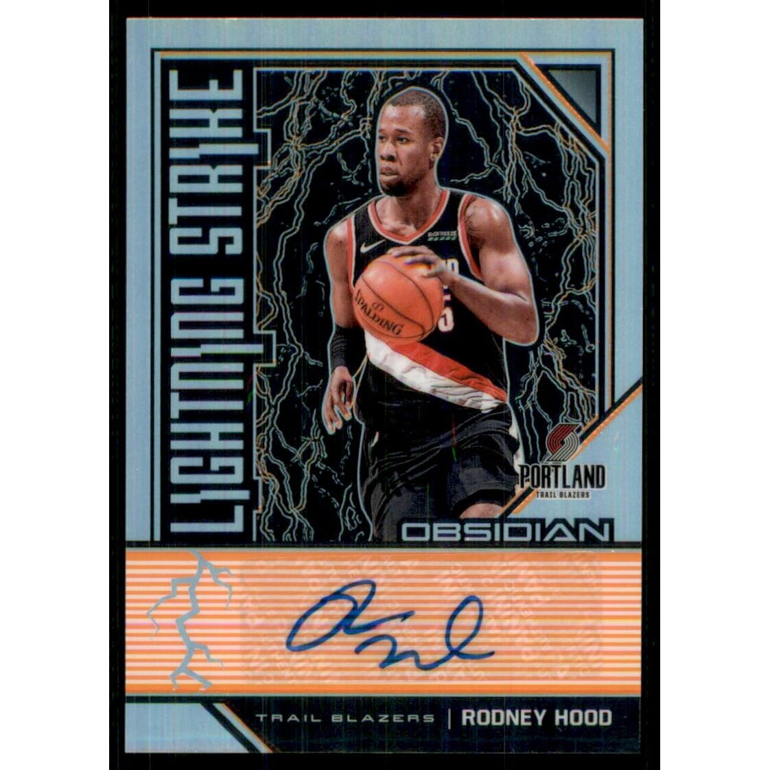 2019-20 Panini Obsidian Lightning Strike Signatures Electric Etch Orange #14 Rodney Hood/50. rookie card picture