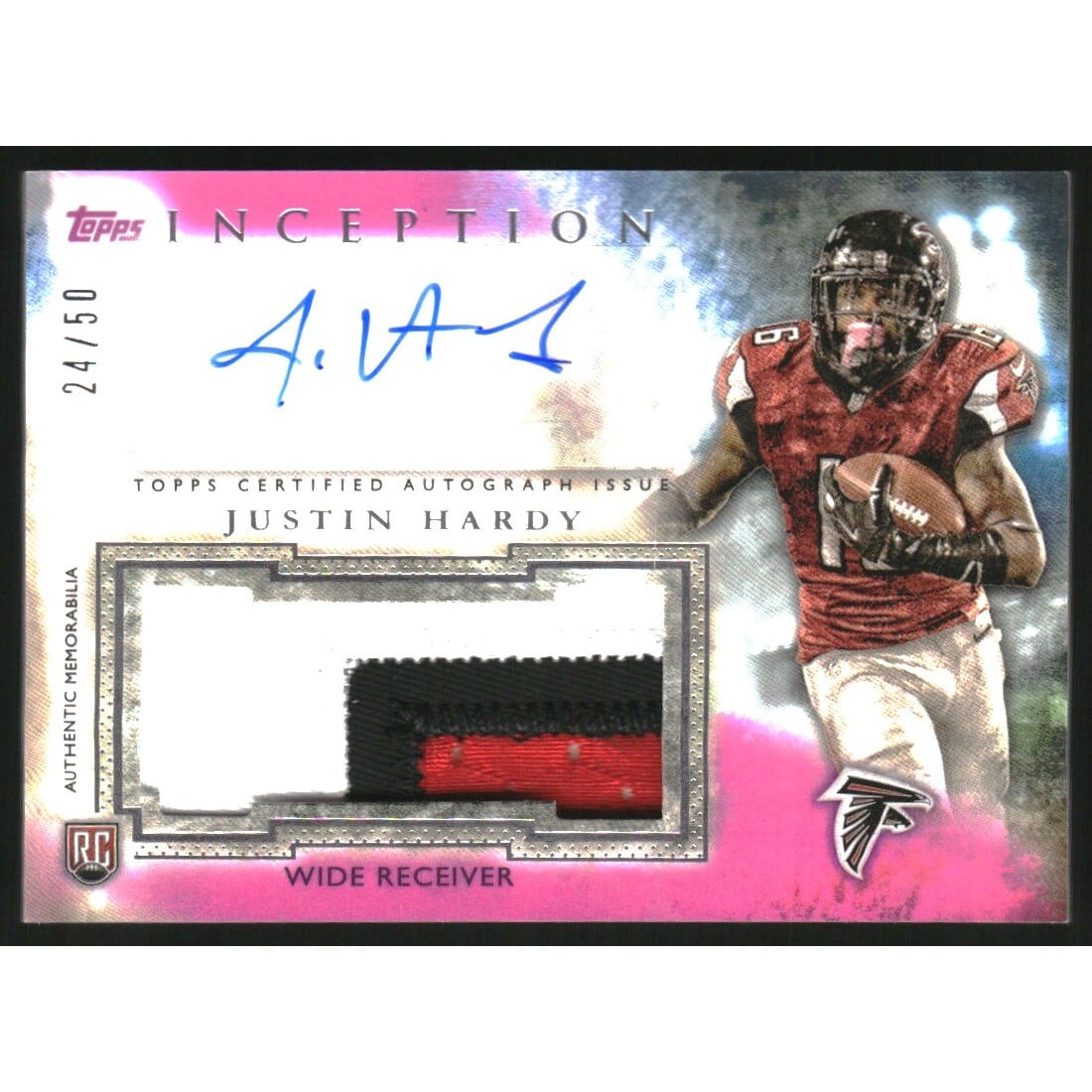 2015 Topps Inception Rookie Jumbo Patch Autographs Magenta #AJPJHA Justin Hardy. rookie card picture