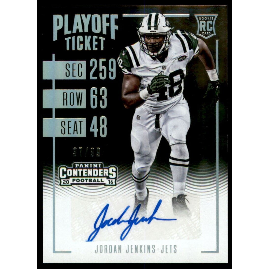 2016 Panini Contenders Playoff Ticket #228 Jordan Jenkins AU/99. rookie card picture