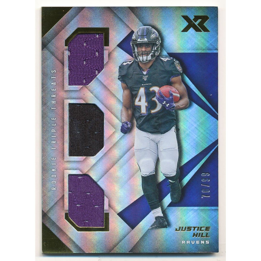 2019 Panini XR Rookie Triple Threats Materials #29 Justice Hill. rookie card picture