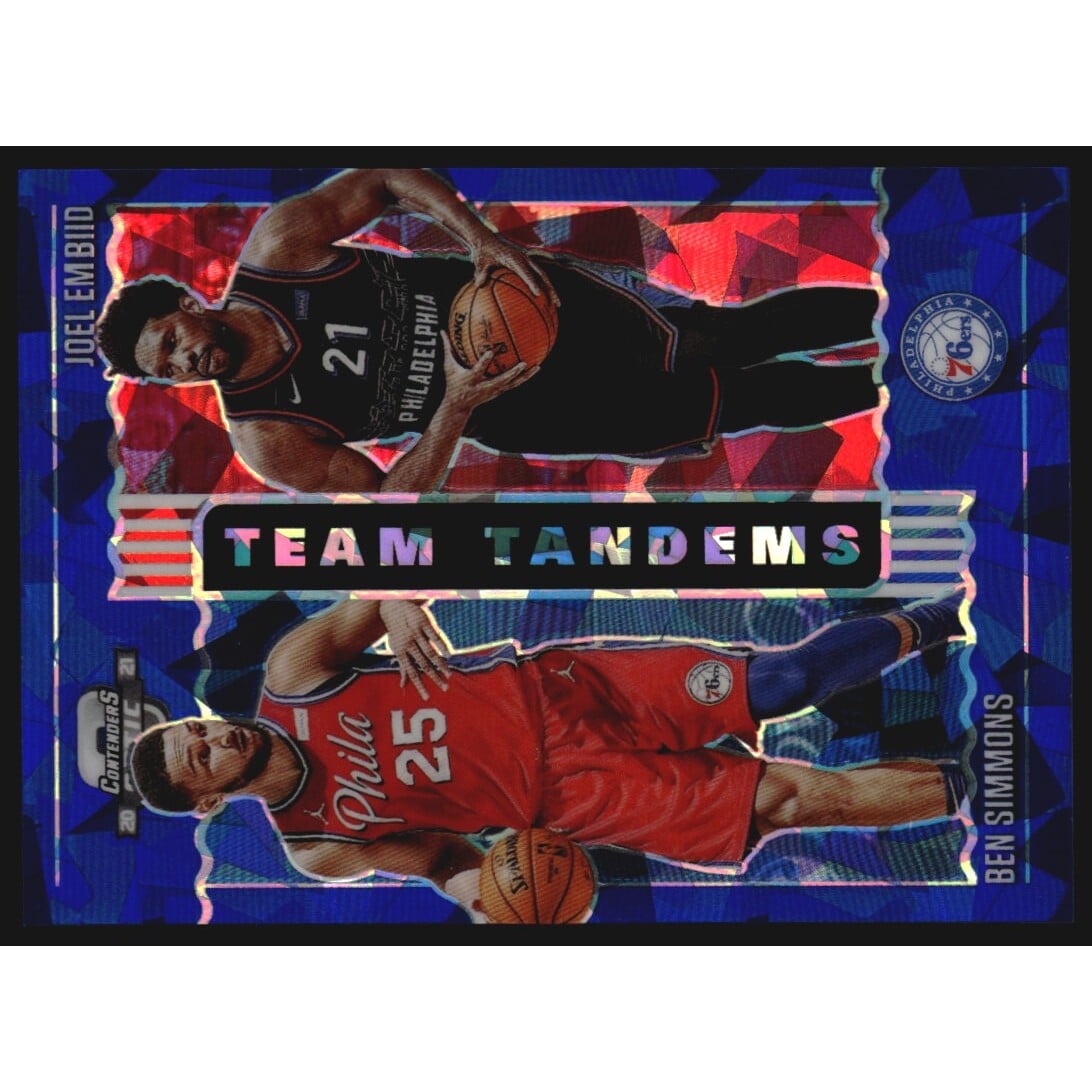 2020-21 Panini Contenders Optic Team Tandems Blue Cracked Ice #14 Ben Simmons/Joel Embiid. rookie card picture