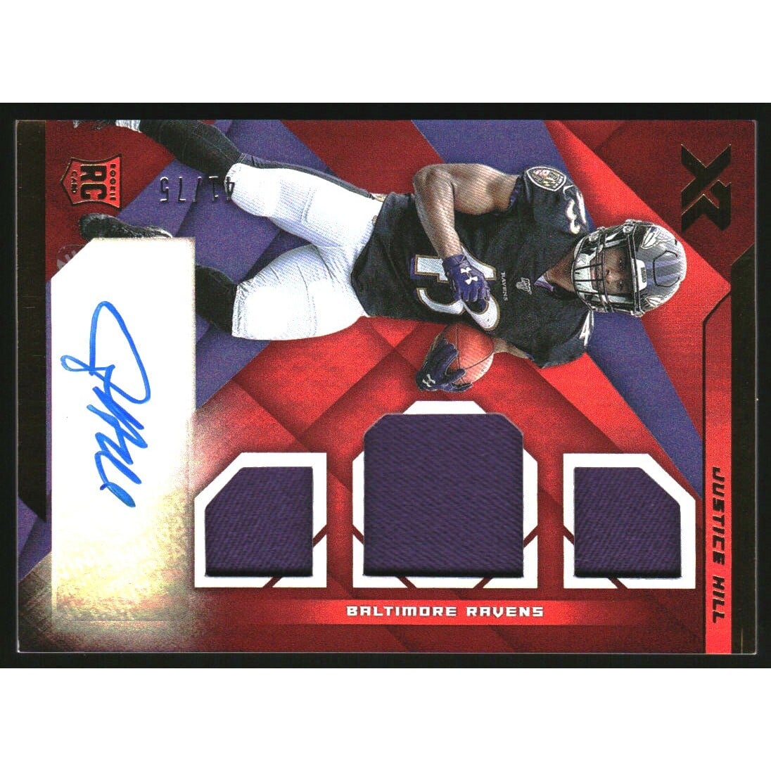 2019 Panini XR Red #229 Justice Hill JSY AU/75. rookie card picture