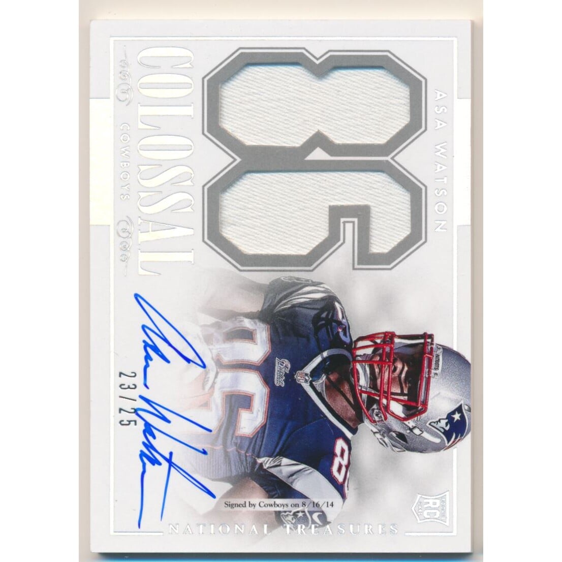 2014 Panini National Treasures Rookie Colossal Signature Materials Jersey Number Prime #3 Asa Watson. rookie card picture