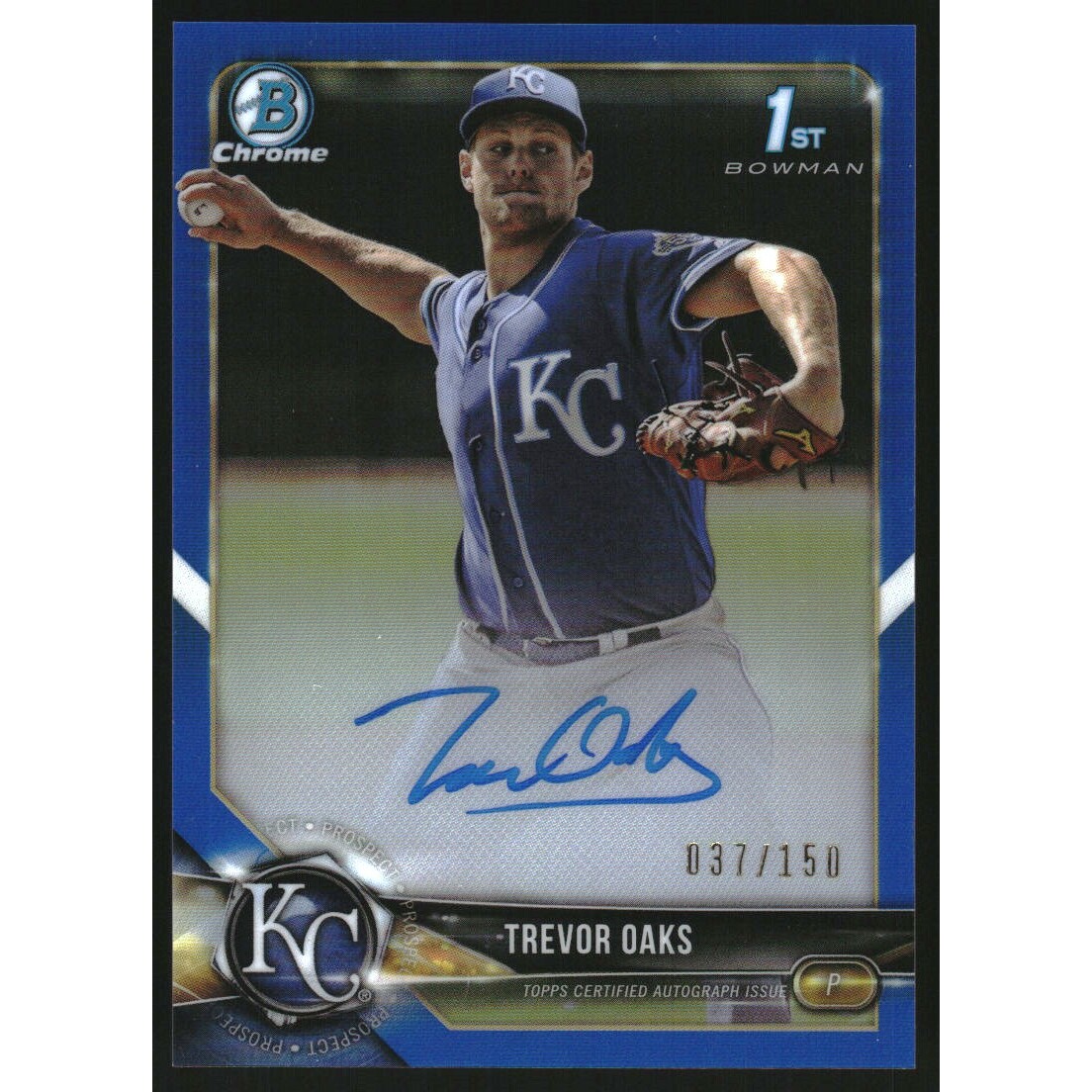 2018 Bowman Chrome Prospect Autographs Blue Refractors #BCPATO Trevor Oaks. rookie card picture