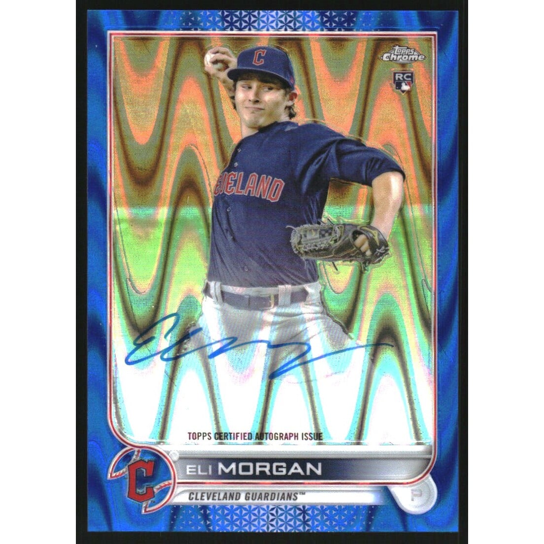 2022 Topps Chrome Rookie Autographs Blue RayWave Refractors #RAEM Eli Morgan. rookie card picture