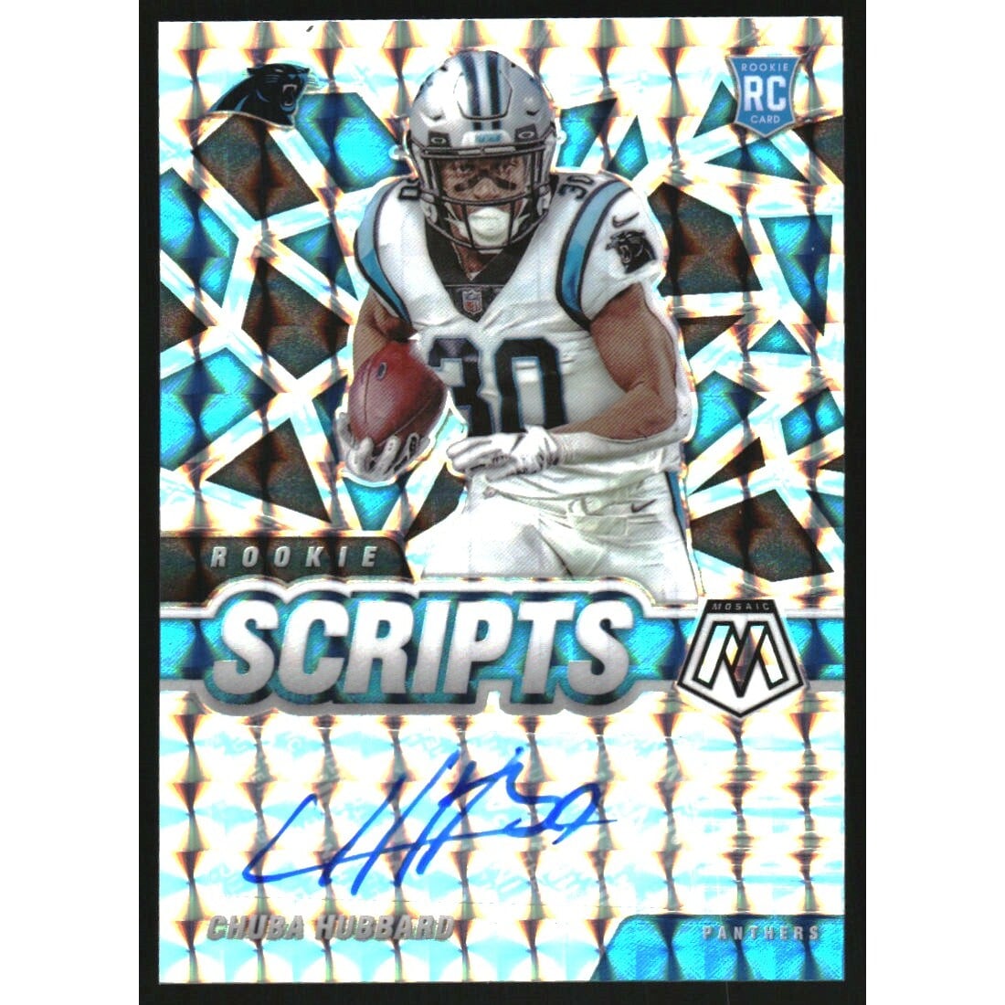 2021 Panini Mosaic Rookie Scripts #25 Chuba Hubbard. rookie card picture