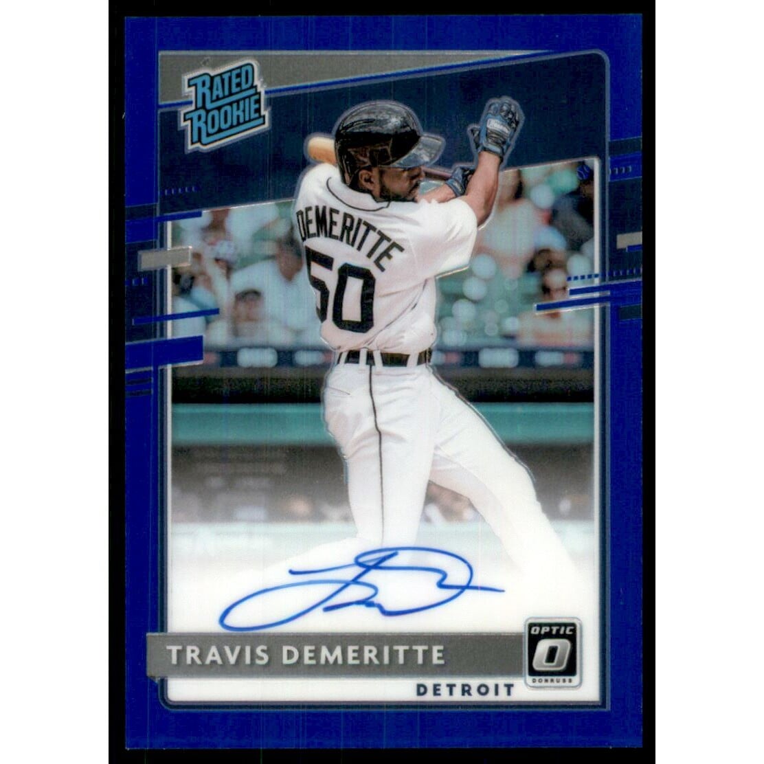 2020 Donruss Optic Rated Rookies Signatures Blue #54 Travis Demeritte/75. rookie card picture