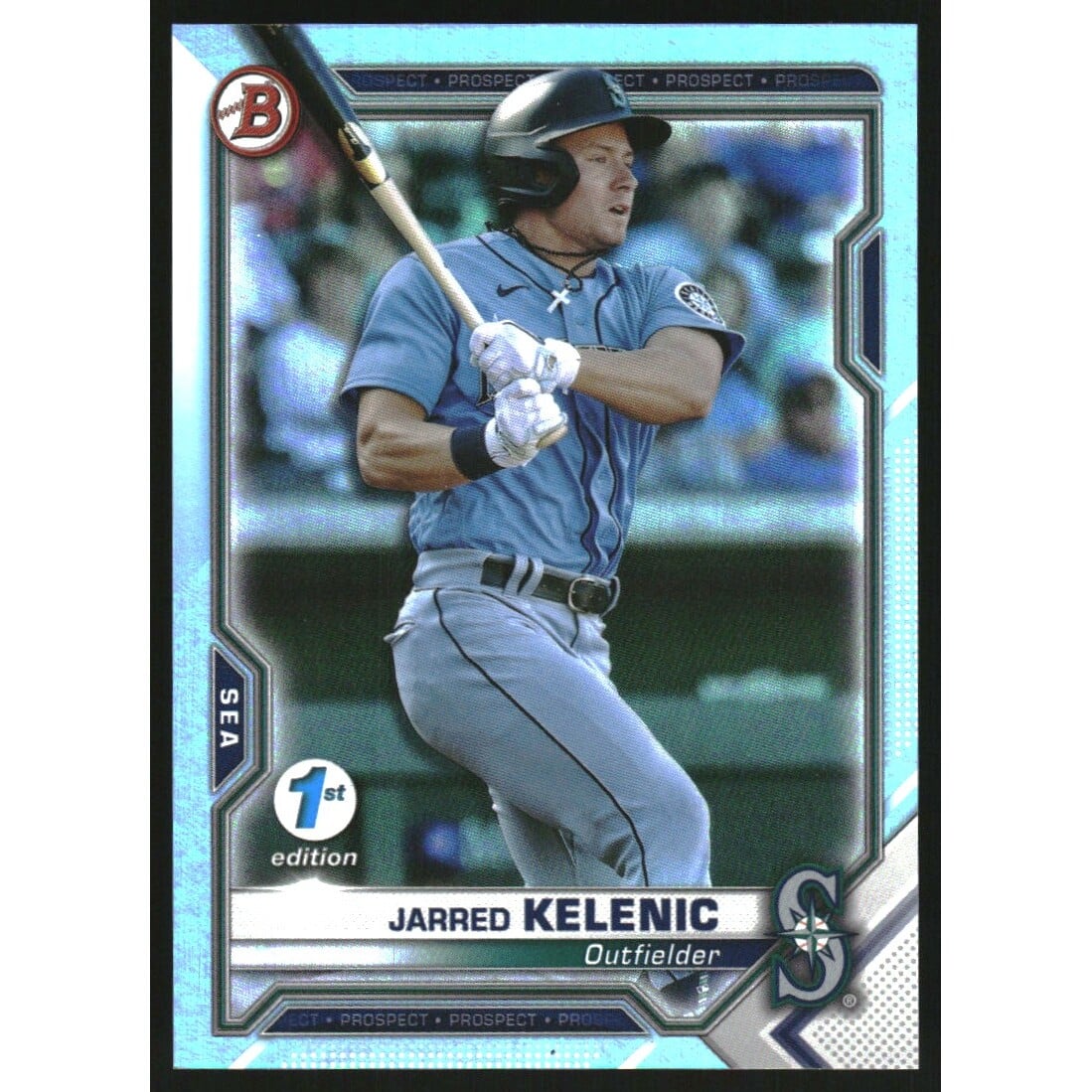 2021 Bowman 1st Edition Sky Blue Foil #BFE102 Jarred Kelenic. rookie card picture