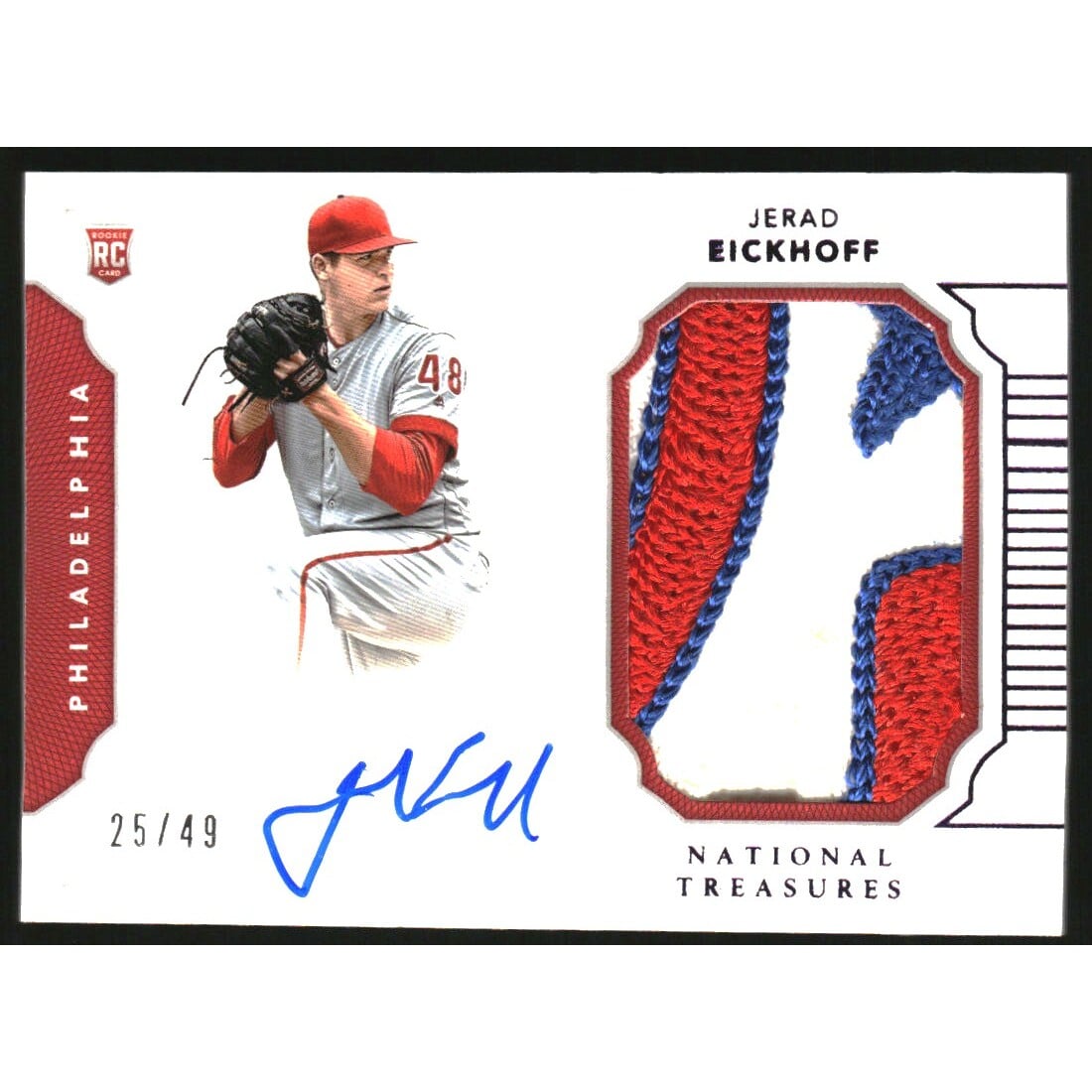 2016 Panini National Treasures Rookie Material Signatures Purple #171 Jerad Eickhoff/49. rookie card picture