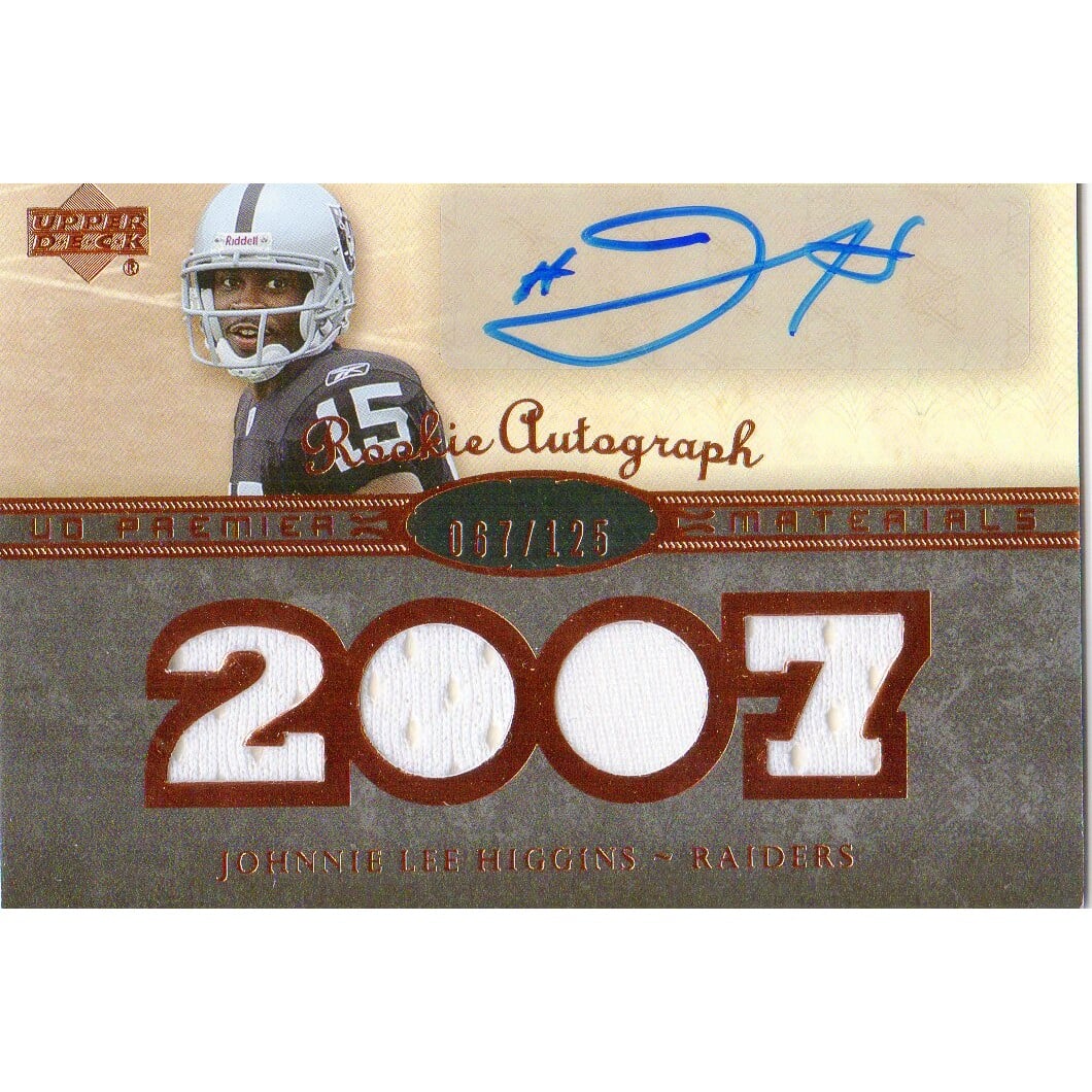 2007 Upper Deck Premier Rookie Autographed Materials Bronze #141 Johnnie Lee Higgins. rookie card picture