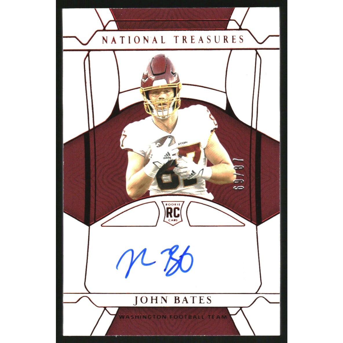 2021 Panini National Treasures Jersey Number Red #146 John Bates AU/87. rookie card picture