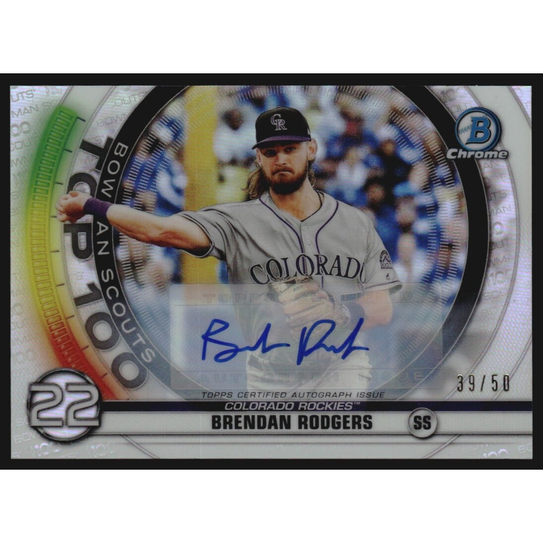 2020 Bowman Chrome Scouts Top 100 Autographs #BTP22 Brendan Rodgers. rookie card picture