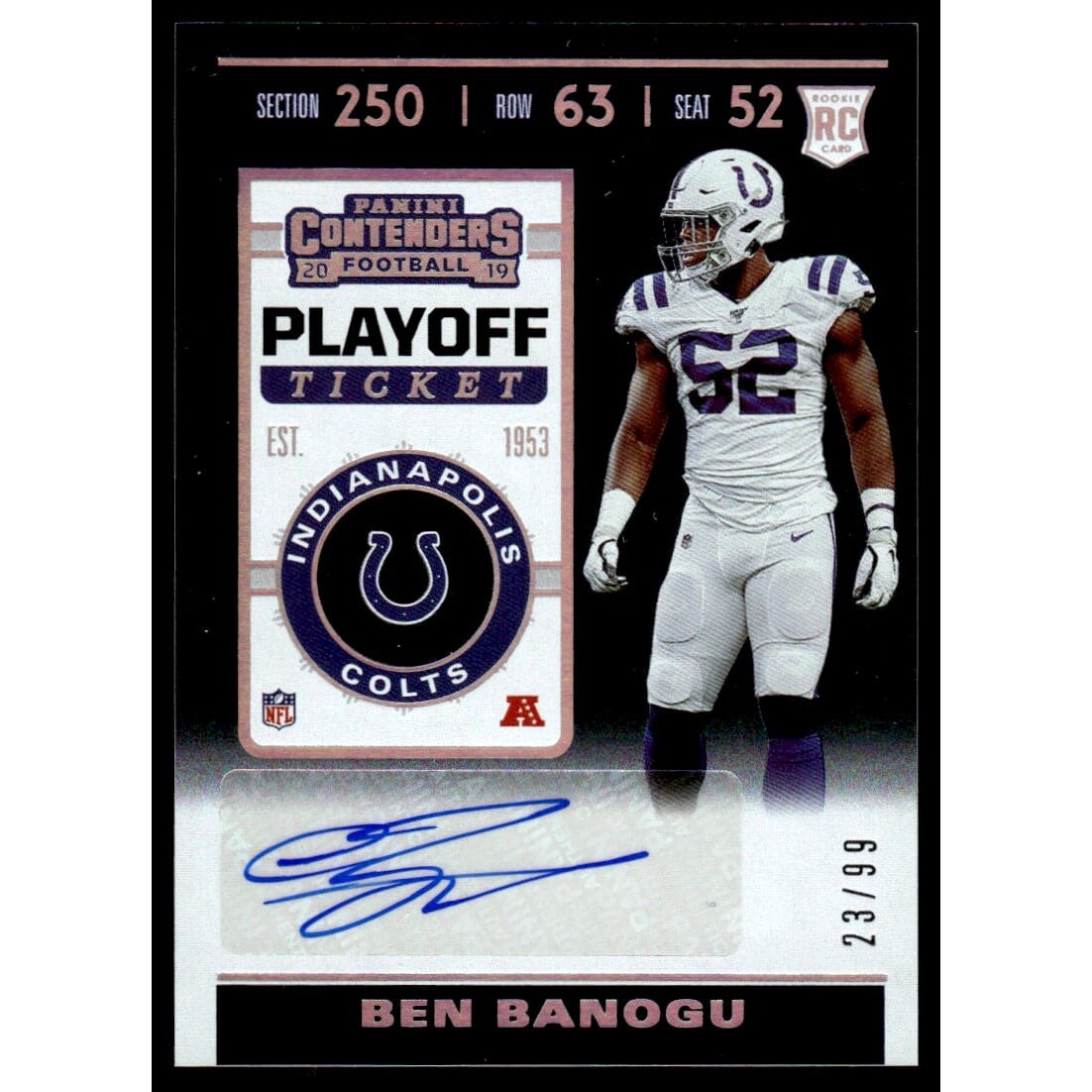 2019 Panini Contenders Playoff Ticket #222 Ben Banogu AU/99. rookie card picture