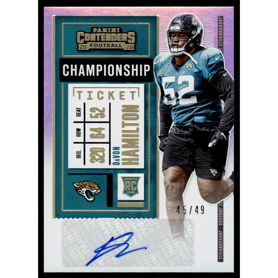 2020 Panini Contenders Championship Ticket #247A Davon Hamilton AU/49. rookie card picture