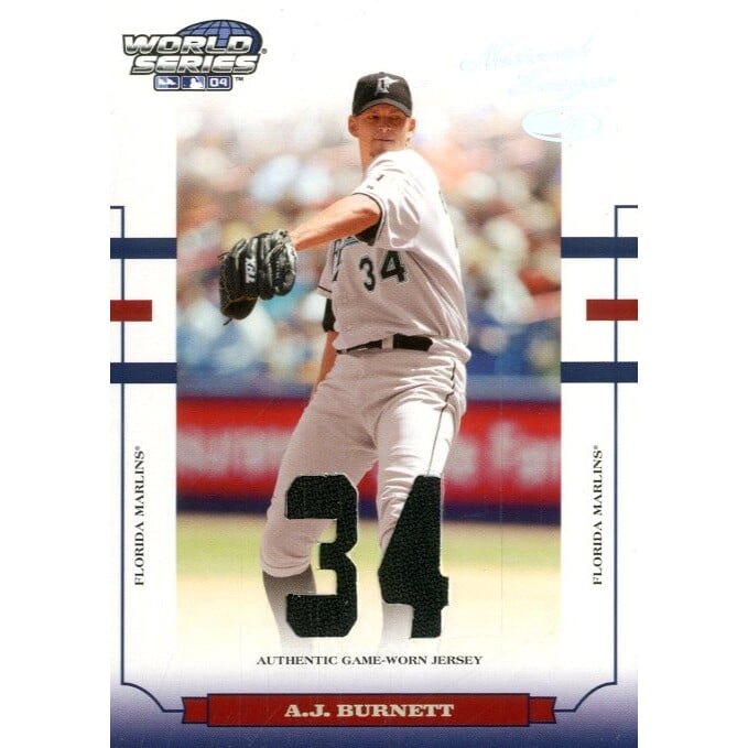 2004 Donruss World Series Material Fabric Number #70 A.J. Burnett Jsy/34. rookie card picture