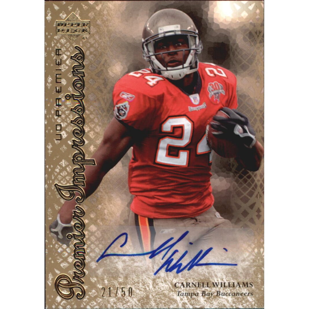 2007 Upper Deck Premier Impressions Autographs Gold #PICW Cadillac Williams/50. rookie card picture