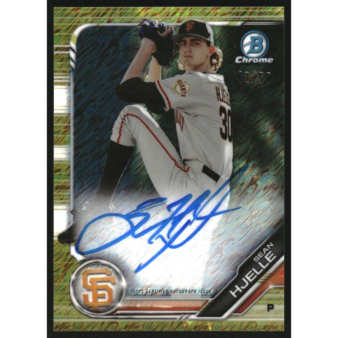 2019 Bowman Chrome Prospect Autographs Gold Shimmer Refractors #CPASH Sean Hjelle. rookie card picture